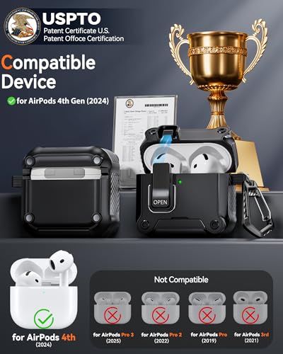 Image of Dual Safety Lock for AirPods 4 Case 2024, Compatible with MagSafe - Designed with Automatic Switch and Phone Stand, Includes a Cleaner & Keychain - Rugged Tough Hard Shell for Apple AirPods 4, Black