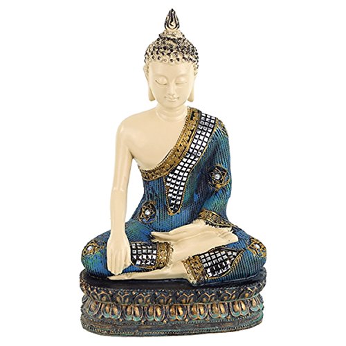 Estatua Buda H 32 x 20 x 15 poliresina con incrustaciones de mosaico de espejo meditación con mano en la tierra en bendición