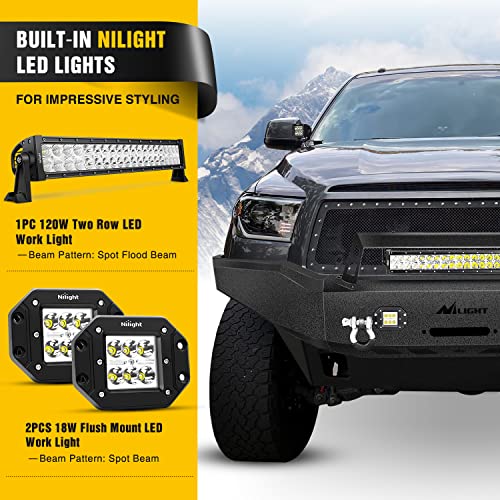 Image of Nilight Front Winch Bumper for 2007-2013 Toyota Tundra w /LED Light Bar, Pod lights & D ring Shackles, Heavy Duty Off-Road Full Width Steel Bumper, Winch Plate Ready Bull Bar, Black