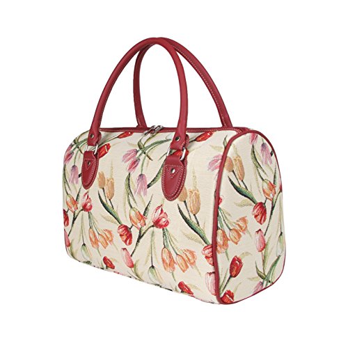Signare Tapestry Duffle Bag Overnight Bags Weekend Bag for Women with Tulip Floral White Design (TRAV-TULWT)2