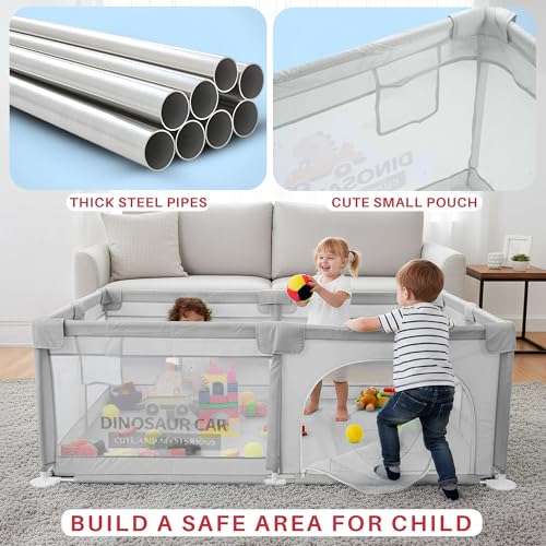 Image of Baybee 200 x 180 Cm JoyHub Kids Playpen for Babies | Kids Activity Floor Mat Playards with Corner Protection | Baby Play Area Indoor Setup with Zipper Door & Toys Pouch | Outdoor play pen for baby for 0 - 5 years Boys Girls (Light Grey)