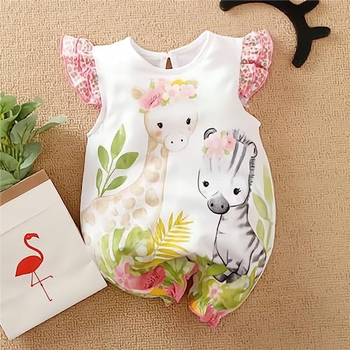 Cute Giraffe + Zebra With Floral Print Long Sleeve Baby Girl Clothes White Jumpsuit For Baby One-Piece Romper2