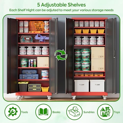 Image of Aobabo Metal Garage Storage Cabinets with Wheels,Steel Cabinets with 5 Adjustable Shelves for Garage Home Office Storage, Red-Black,Assembly Required