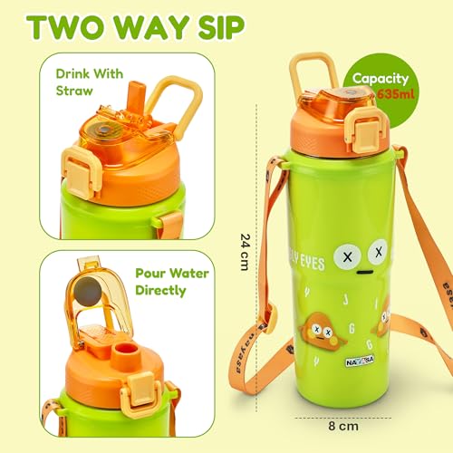Image of Nayasa Kiddy Duo-Sip Insulated Inner Steel Kids Water Bottle 700-635ml | Dual Drinking Options | BPA-Free & Food Safe | Wriggly Jiggly Print | With Strap, Carry Handle - Green