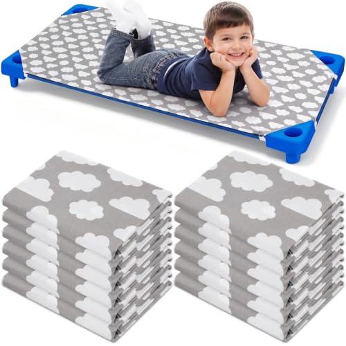 Image of Peryiter 12 Pcs Cot Sheets for Daycare, Standard Size 24 inch x 51 inch Toddler Nap Mat Sheets with Cute Pattern & Corner Elastic Loops, Breathable Fitted Cot Crib for Preschool Kid Boy Girl (Cloud,Gray)