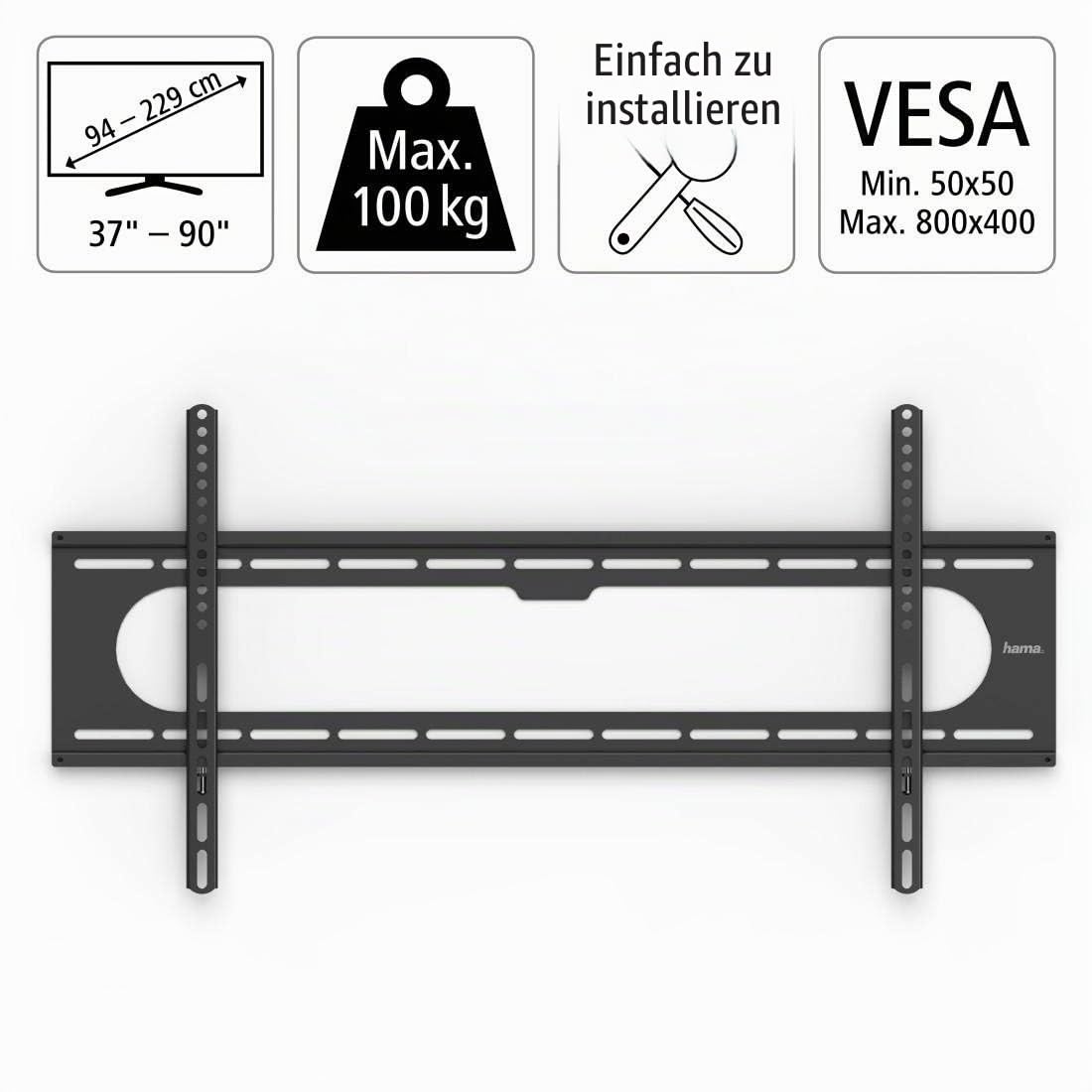 Hama TV Wandhalterung (TV Wandhalterung 37-90 Zoll, VESA 50x50 bis VESA 800x400, bis 100 kg, Wandabstand 2,6 cm, flach, starr, fest, Wandhalterung Fernseher, mit Fischer Dübeln) schwarz