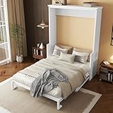 KEIKI Queen Size Wall Murphy Bed, Pine Wood Cabinet with Hidden Foldable Bed & Desk, Gas Strut Support for Guest Room, Bedroom, or Living Room, White