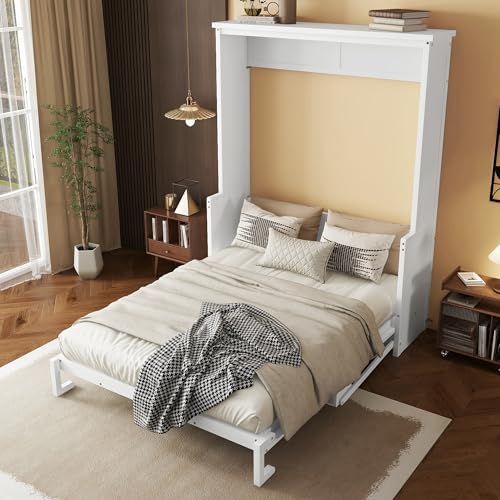 KEIKI Queen Size Wall Murphy Bed, Pine Wood Cabinet with Hidden Foldable Bed & Desk, Gas Strut Support for Guest Room, Bedroom, or Living Room, White