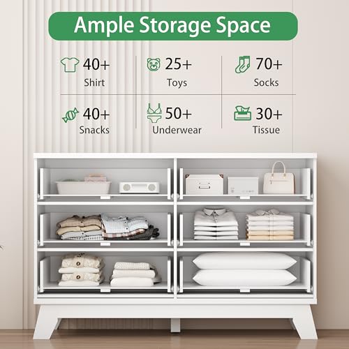 Image of Fluted Dresser for Bedroom with 6 Drawers, 48 inch Wide Modern Chest of Drawers with Metal Handle, Wooden Dresser TV Stand, Wood Closet Clothes Storage Drawer Organizer for Living Room, Hallway, White