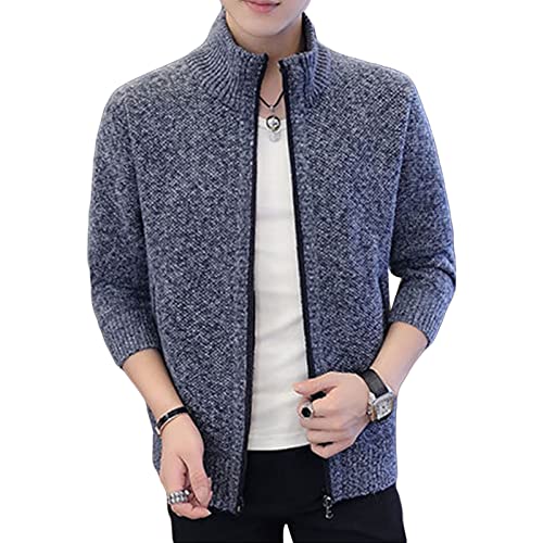 Maiyifu-GJ Men's Full Zip Cardigan Sweater Soft Slim Fit Sweaters with Pockets Stand Collar Lightweight Warm Coat (Blue,Large)