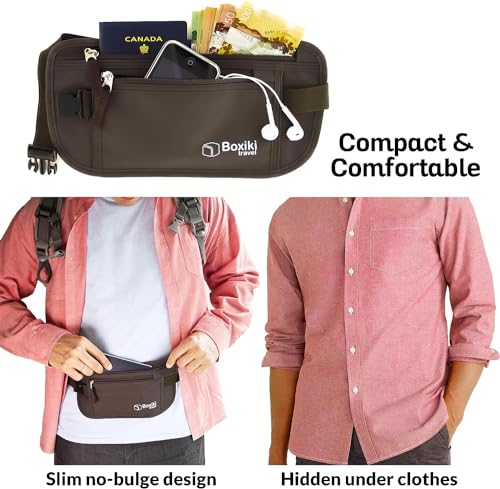 Image of Boxiki Travel Brown Money Belt with RFID Sleeves Set - 8 Pcs Navy Blue | Secure Waist Bag and RFID Card Holder for Men and Women