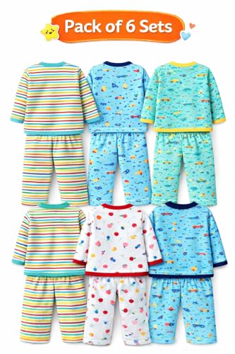 Image of NammaBaby New Born Baby Combo Set Cotton Front Open Full Sleeves Vest- Tshirt Jhabla (6PC) and Unisex Kid's Pajama with Booties (6PC)- Perfect for Your Infants with Cutely Print (12 Pieces)