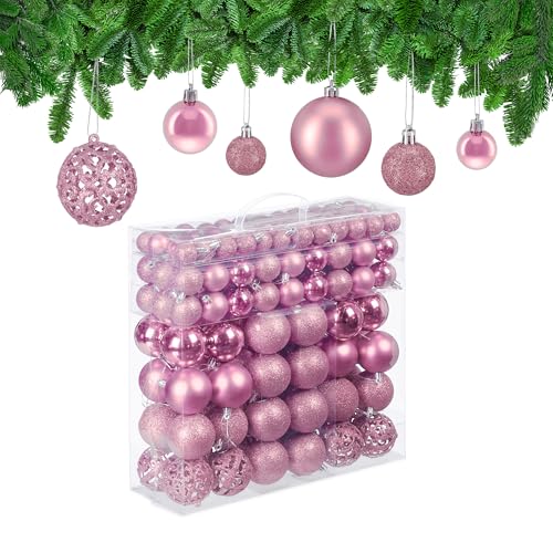 Relaxdays Set da 150 Palline di Natale, Addobbi Natalizi, Opache, Lucide, Glitterate, ∅ 3,4 e 6 cm, Decorazioni, Rosa