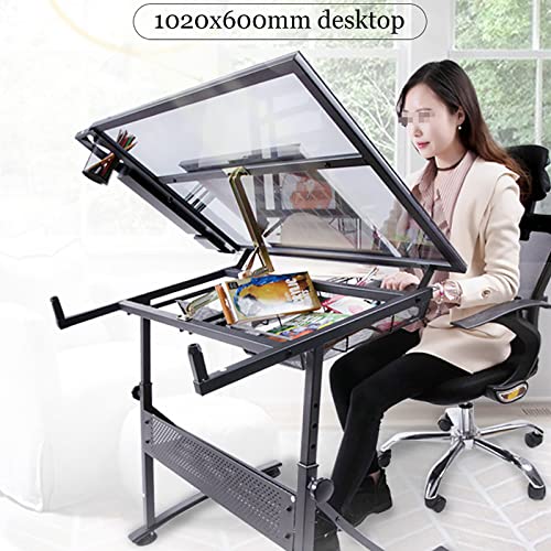 Adjustable Drafting Table, 80° Tiltable Drawing Tabletop with Tempered Glass, Drawing Table Artist Desk with 2 Drawers