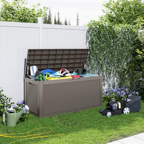Image of 130 Gallon Outdoor Storage Box Waterproof, UV Resistant Resin Deck Box for Patio Furniture, Outside Storage Box for Garden Tools, Patio Cushions, Grey