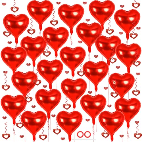 Image of 24 Pcs Red Heart Balloons, 100 Pcs Heart Hanging Streamers, 18 Inch Heart Foil Balloons Valentine's Day Balloon Love Balloon for Valentines Day Proposal Wedding Party Decorations
