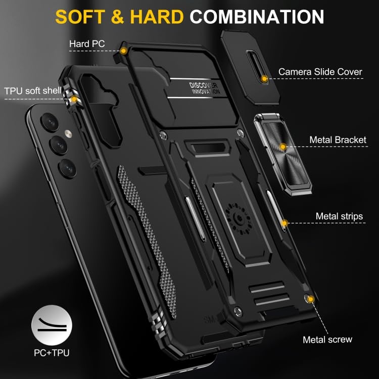 Image of ShieldTech Back Cover Case Compatible for Samsung Galaxy A15 5G with Slide Camera Cover & Rotated Ring Kickstand | Military Grade Mobile Phone Cover Case for Samsung Galaxy A15 5G (Black)