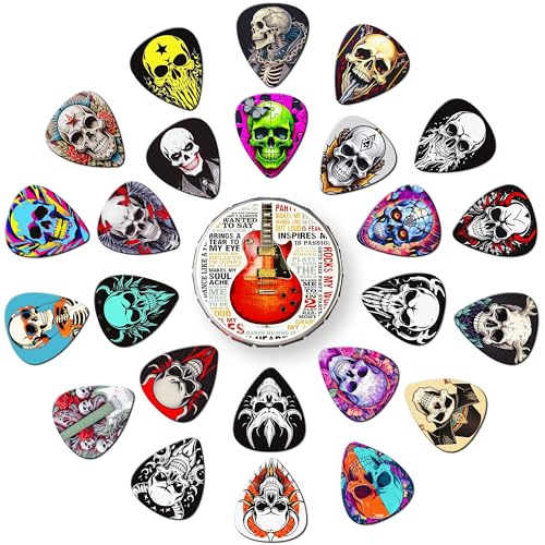 Guitar Picks Skull, 24 Pack Guitar Pick Skeleton 0.46 0.71 0.96 1.20mm Thin, Medium, Heavy Guitar Pics,Guitar Pick Variety Pack,Skeleton Guitar Picks for Acoustic Electric Guitars Bass (Set -10)