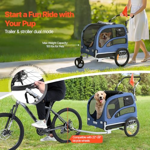 VEVOR Hundeanhänger 45 kg 2in1 Fahrradanhänger Kohlenstoffstahl + 600D Oxford-Gewebe + PP faltbar 1440 x 725 x 845 mm als Anhänger 1320 x 725 x 920 mm als Kinderwagen Hundebuggy Jogger Anhänger Blau