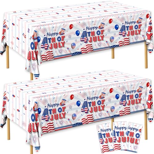 Image of CMUSKO 4th of July Tablecloth, 3Pcs Happy Fourth of July Table Cloth Plastic Rectangle Patriotic Table Cover for Independence Day Tables Decor Party Supplies, 108x180cm