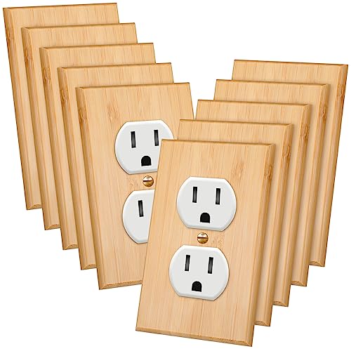 Pinkunn 10 Pieces Solid Wood Light Switch Plate Outlet Covers Bamboo Wooden Decorative Wall Plate for Home Bedroom Kitchen(Light Oak Double Hole)