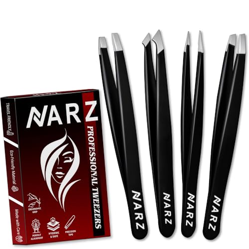 NARZ 4Pcs Professional Tweezers for Women Facial Hair Stainless Steel Precision Tweezers for Ingrown Hair Eyebrow Tweezer for Men & Women (Black Set)