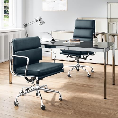 Image of Mid-Back Genuine Leather Office Chair, Padded Executive Desk Chair with Aluminum Arms and Base, Swivel Wheels with Lumbar Support & Tilting Function, Hight Adjustable, Silent Weheels, Dark Blue