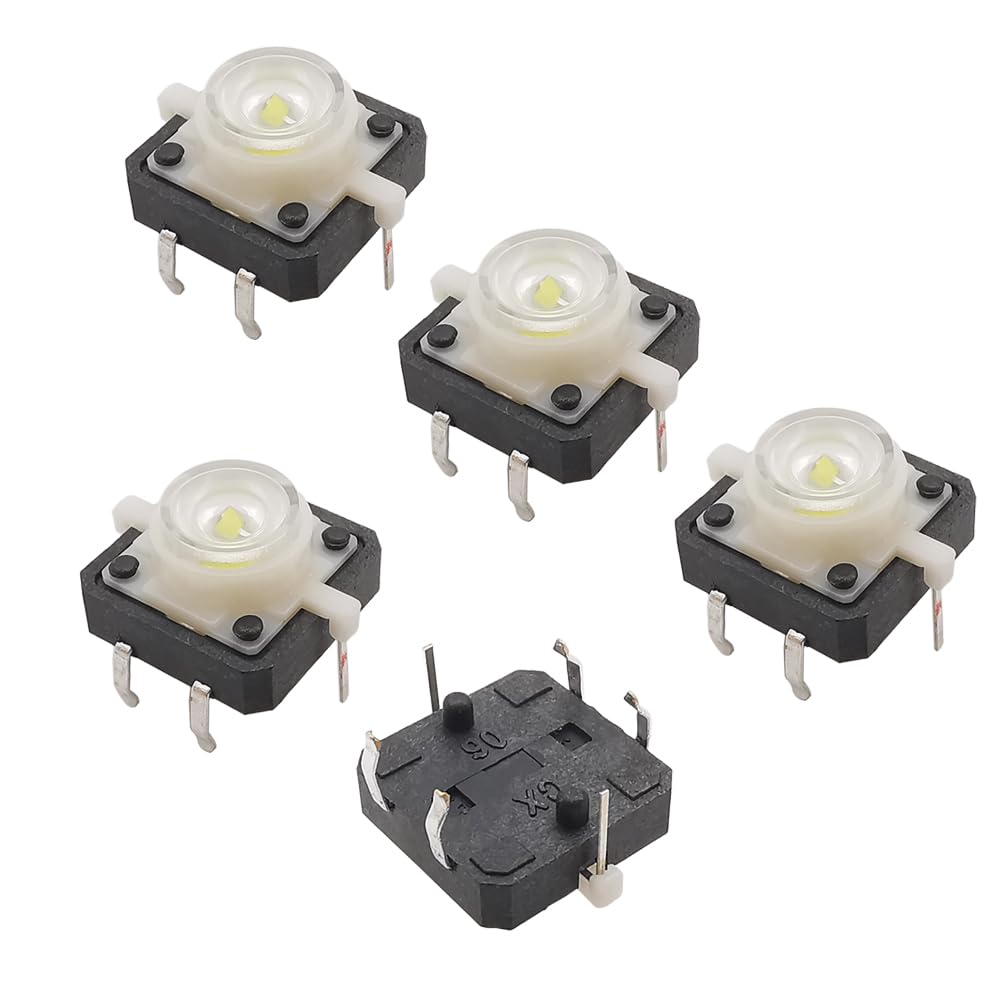 5Pcs 5Color Illuminated Tact Switch 12X12x7.3mm 4PIN DIP TACT Push Button Switch with Led Light Micro Key Power Tactile Switches (5PCS Red)
