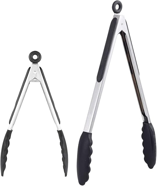 Cooking Tongs,GWCLEO Kitchen Tongs with Stainless Steel,Non-Scratch Silicone Tips,Non-Slip and Easy-Grips Silicone Handle,Food Tongs for Barbecue,Picnic,Serving,Buffet etc (Black,9 and 12 inches)