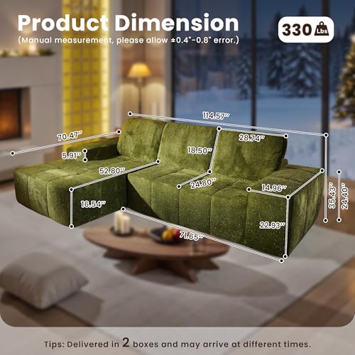 Image of 114 inch Glitter Cloud Sectional Couch with L-Shape Chaise, Modern Boneless Couches for Living Room, Fluffy Tufted Deep Seat Modular Sofa in a Box No Assembly