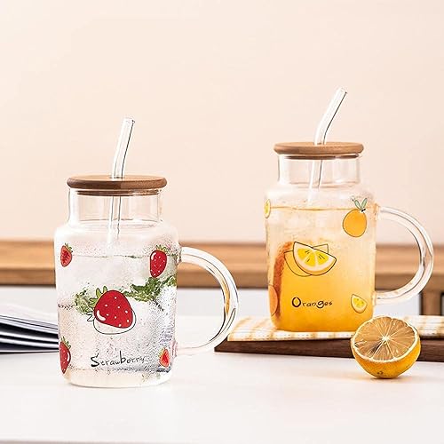 Miniatura 4 de Sizikato Taza de vidrio transparente con tapa y pajita, vaso de jugo de vidrio para beber de 15 onzas, lindo patrón naranja