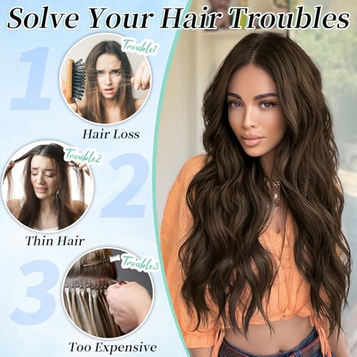 Image of Wavy Thick Clip in Hair Extensions 20 inch Dark Chocolate Brown | 4 Pieces Clip in Extensions,Fiber Double Weft Hairpieces,Natural Volume,Beach Wave Long Synthetic Hairpieces for Women