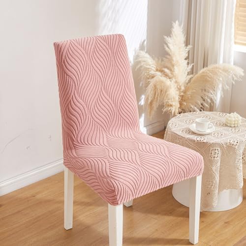 Image of HOMETHREADS Elastic Jacquard Chair Cover - Stretchable, Removable & Washable Short Dining Chair Slipcover | Durable Seat Protector for Kitchen, Dining Room & Banquet Chairs (Pink, Pack of 2)