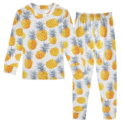 ALAZA White Pineapple Yellow 2 Piece Pajama Set Long Sleeve Top and Pants Sleepwear Unisex