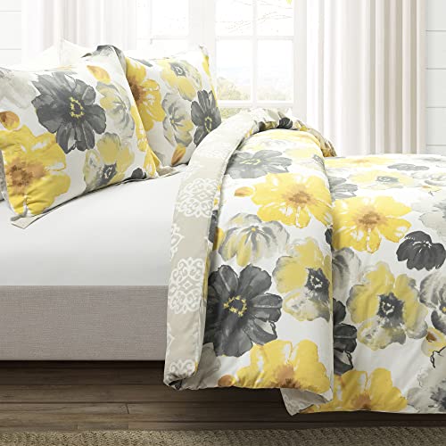 Image of Lush Decor Leah Reversible 100% Cotton Duvet Cover Set, 3 Piece Set, King, Yellow & Gray - King Bedding Set - Yellow Duvet Cover - Country Floral Decor