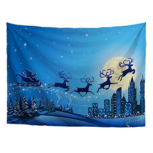 Cozeyat Christmas Holiday Theme Winter White Snow Santa Claus Reindeer Pulling The Sleigh Picture Print Fabric Tapestry Wall Hangings 275X230Cm/108 X90 #TOP17