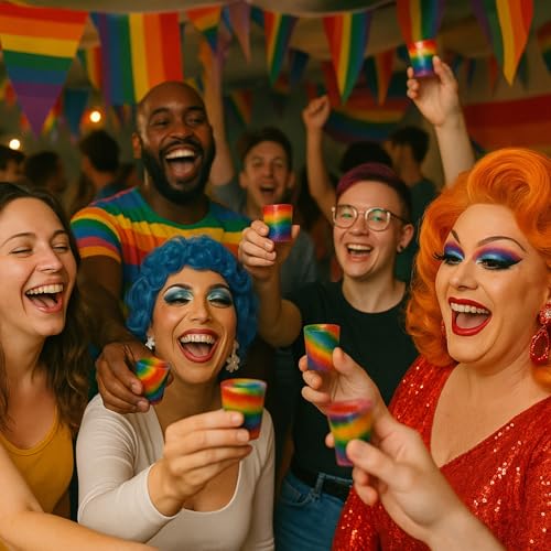 MIJOMA Candy Shot Glass Rainbow 12er Set – Essbare Schnapsgläser mit Erdbeergeschmack, Regenbogenfarben, 3cl Füllmenge, glutenfrei – Perfekt für Partys & Desserts