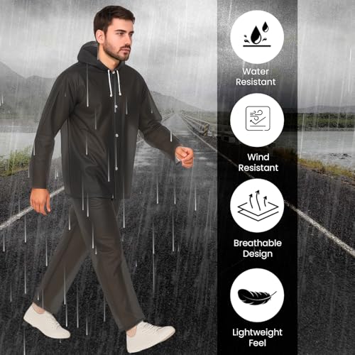 Image of Pivalo EVA Rainsuit Set 75 GSM with Adjustable Hood Full Sleeves Lightweight Raincoat with Pants waterproof Reusable Outdoor Travel Rainwear for Bike Riders Men (Pack of 1, Black)
