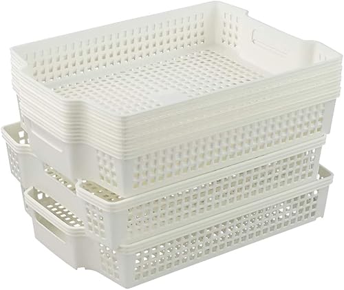 Paquete de 6 cestas de almacenamiento de plástico apilables, bandeja de almacenamiento de papel blanco