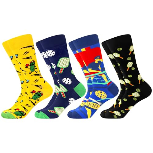 WeciBor Men's 4 Pairs Pickleball Novelty Crew Socks, Funny Gifts for Players Size 9-13