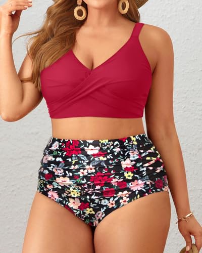 Plus Size Two Piece Swimsuit - High Waisted Bikini Set Tummy Control Bathing Suits for Women2