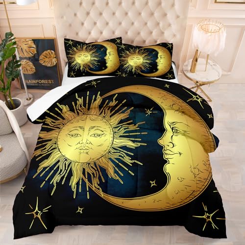 Peopleareok Black Sun and Moon Bedding Set Queen Size for Girls Women Kids Boho Celestial Bedding Bohemian Occult Crescent Solar Stars Quilt Set