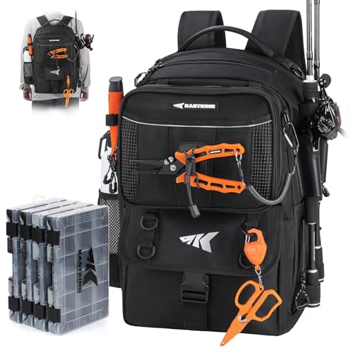 KastKing BaitSpace 50L Fishing Tackle Backpack with Removable Bait Binder & 4 Tackle Boxes,2 Rod Holders Storage Fishing Gear and Equipment,Black Camo