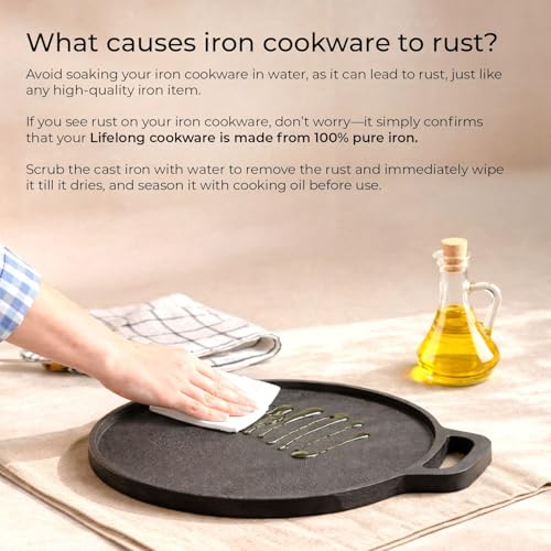 Lifelong 2 in 1 Cast Iron Grill Tawa Pan with Wooden Spatula | 30 cm Reversible Cookware | Dual Surface for Roti, Dosa, Grill, Fish & More |Gas &... - Image 3