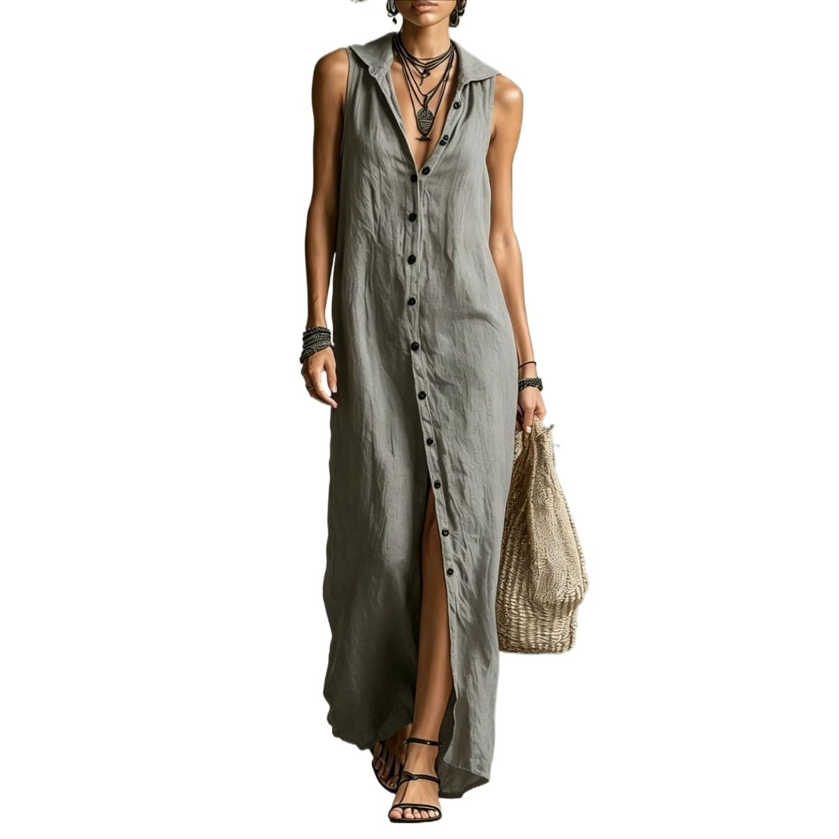 Vestido largo sin mangas con capucha y cuello en V para mujer, vestido camisero suelto con abertura frontal, mezcla de lino, vestido minimalista de verano para la playa