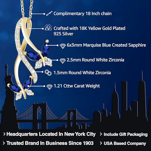 Gem Stone King 18K Yellow Gold Plated Silver Marquise Blue Created Sapphire Butterfly Pendant Necklace For Women (1.21 Cttw, with 18 inch Chain)2