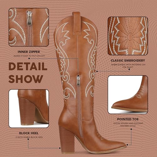 Image of VOMIRA Knee High Cowboy Boots for Women Pointed Toe Chunky High Heels Pull-on Embroidered Boots Western Boots Wide Calf Cowgirl Boots