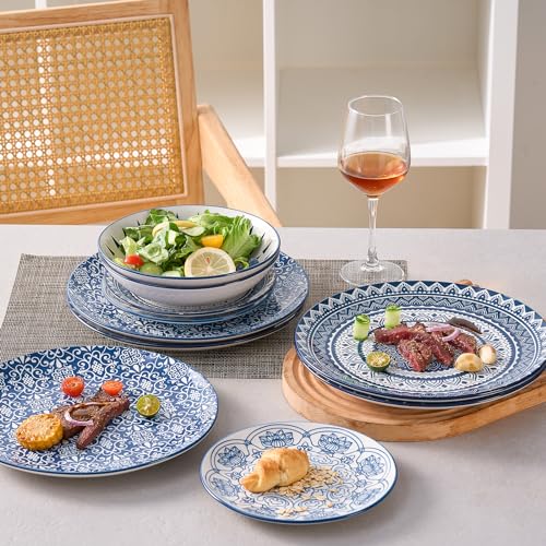 Image of Bestone Ceramic 12-Pieces Dinnerware Sets, Ceramic Dish Plates and Bowls Sets, Dishes Set for 4, Dinner Salad Dessert Plates, and Cereal Bowls Set, Gift,Vintage Blue