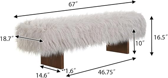 Christopher Knight Home Lenka 67 Long-haired Faux Wool Bedroom Bench, Rubberwood Ottoman Bench, Spacious Seating, Long Footstool for Living Room, Luxury Entryway Bench, Brown+Beige