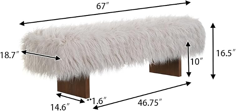 Christopher Knight Home Lenka 67 Long-haired Faux Wool Bedroom Bench, Rubberwood Ottoman Bench, Spacious Seating, Long Footstool for Living Room, Luxury Entryway Bench, Brown+Beige